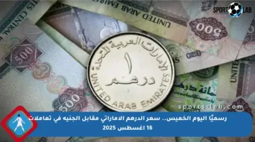رسميًا اليوم الخميس.. سعر الدرهم الإماراتي مقابل الجنيه في تعاملات 16 أغسطس 2025